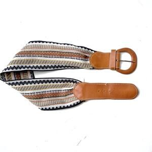 70s Boho Woven Waist Belt | Earthy Stripes Leather Buckle Cottagecore | USA Made